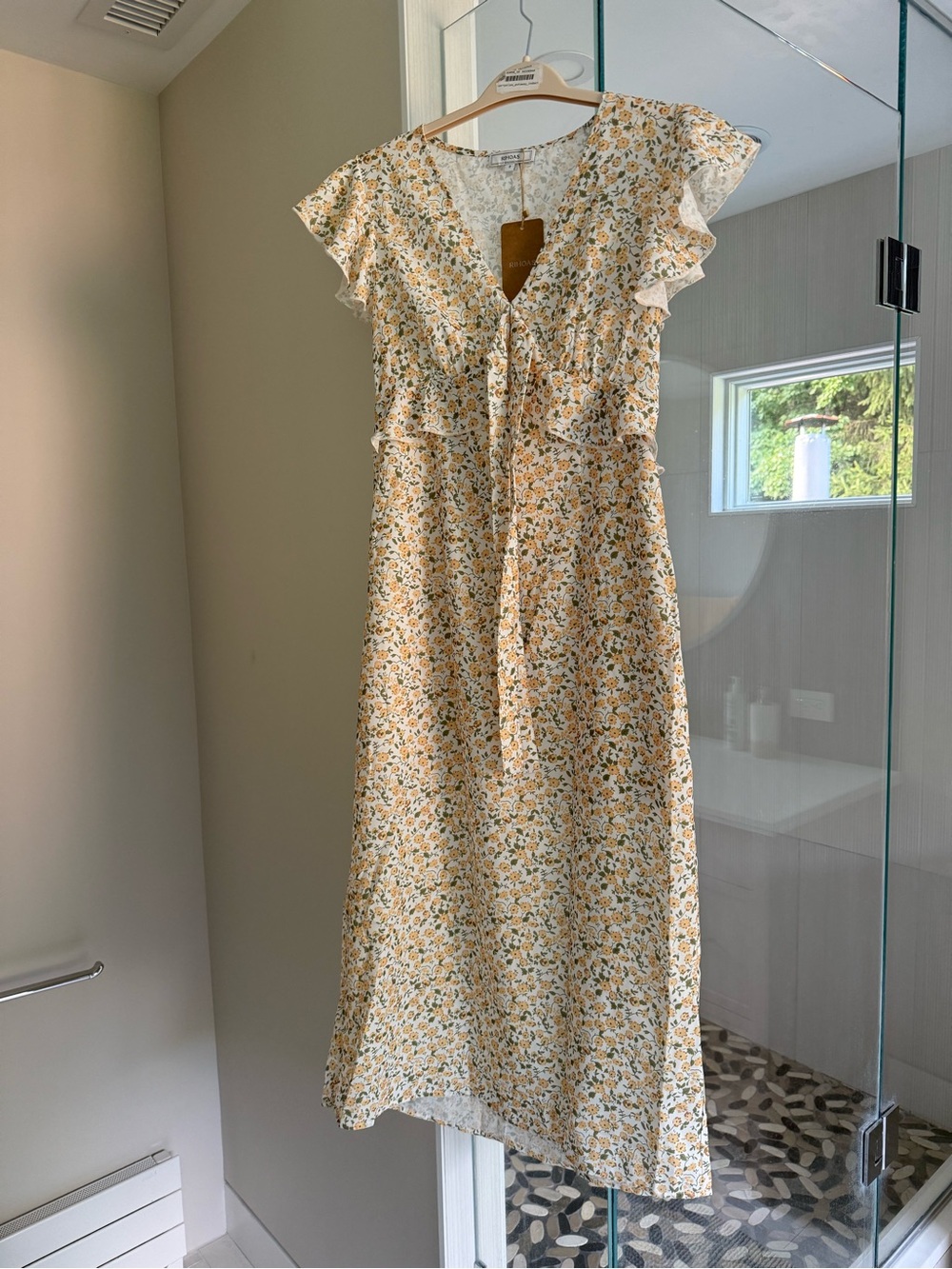 RIHOAS Yellow and Cream Floral Tie-Front Midi Dress